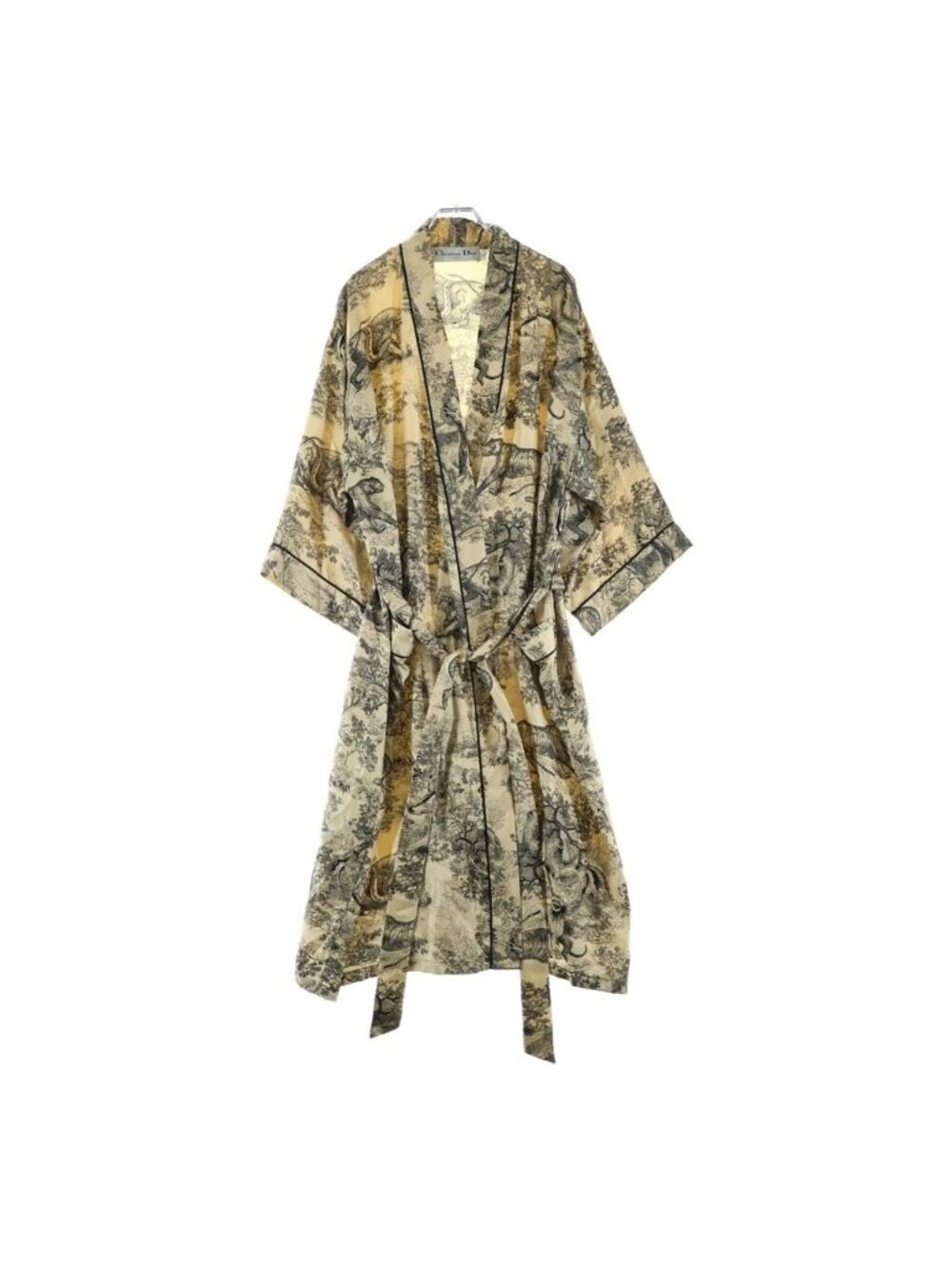 Dior All Over Print Silk Long Gown Haori Robe Beige Black 40